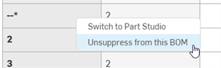Unsuppress from this BOM option from the context menu