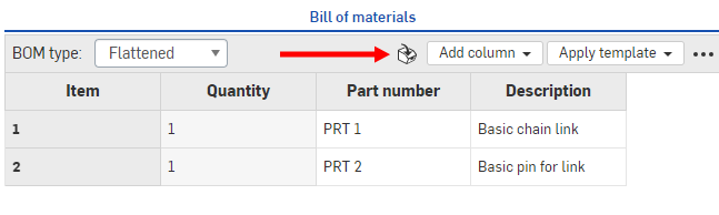 Bill of Materials Table with arrow pointing at Insert Items Icon