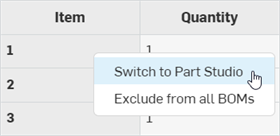 Bom table - Switch to Part Studio