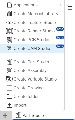 Screenshot of the Insert new tab context menu open with Create CAM Studio option highlighted