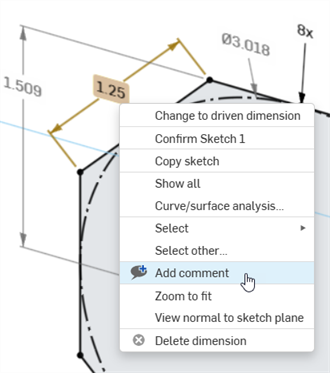 RMB on sketch dimension > Add comment selected