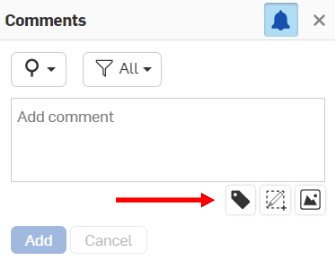 Screenshot of the Comments dialog with an arrow pointing to the Tag entity icon