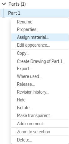 Screenshot of the Assign material option highlighted in a Part lists context menu