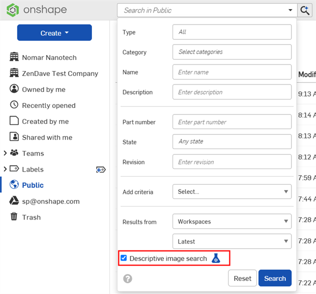 Search in Public dropdown with Descriptive image search box checked