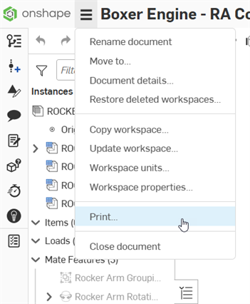 Opening the Document menu to show the Print option