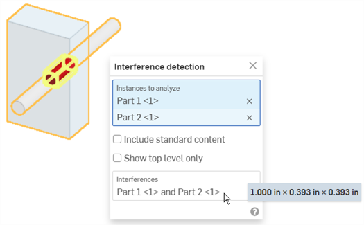 Example of interference detection between two parts in the graphics area, and in the dialog
