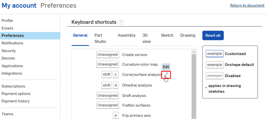 My account Preferences Keyboard shortcut section with Edit option highlighted