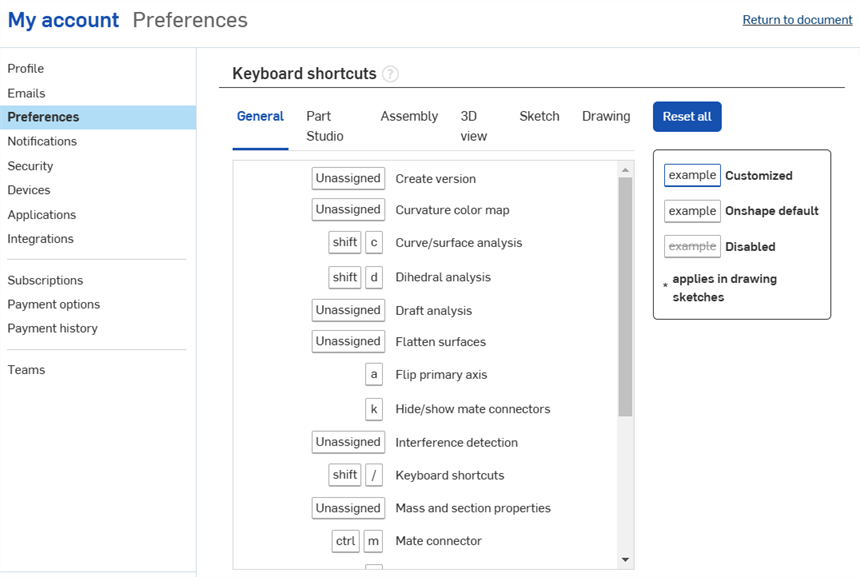 My account Preferences Keyboard shortcut section