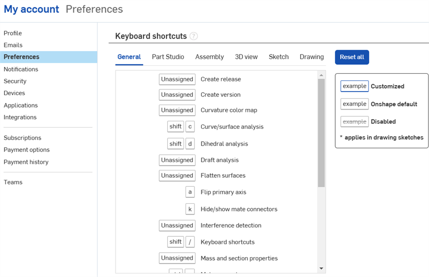 My account Preferences Keyboard shortcut section