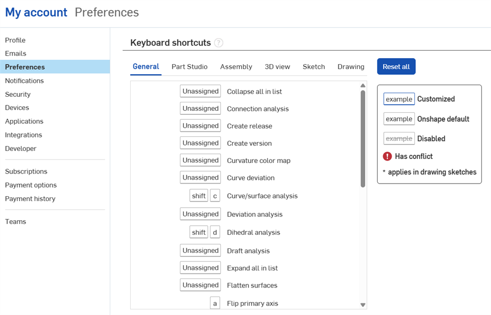My account Preferences Keyboard shortcut section