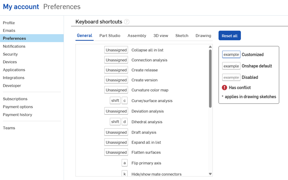 My account Preferences Keyboard shortcut section