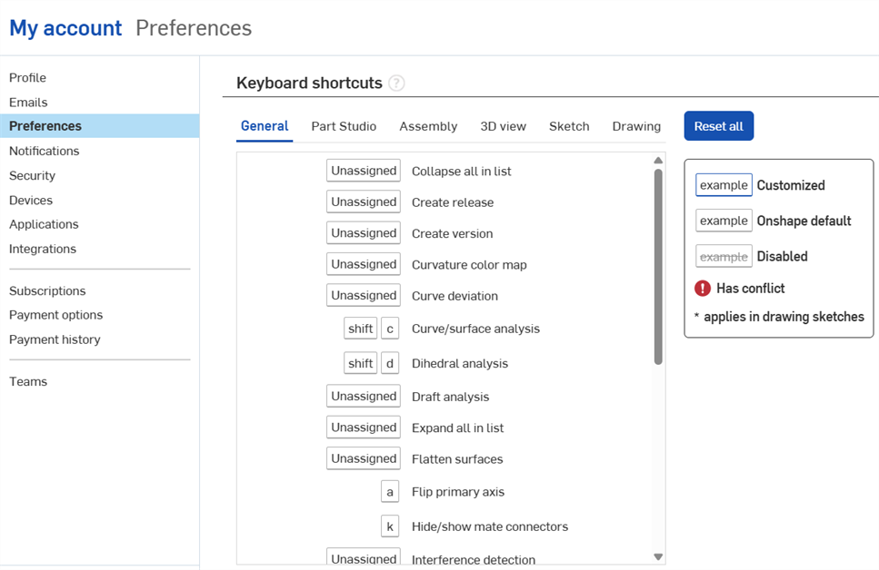 My account Preferences Keyboard shortcut section