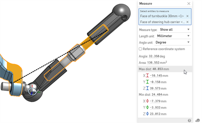 Measure tool dialog showing black dotted line for Maximum distance