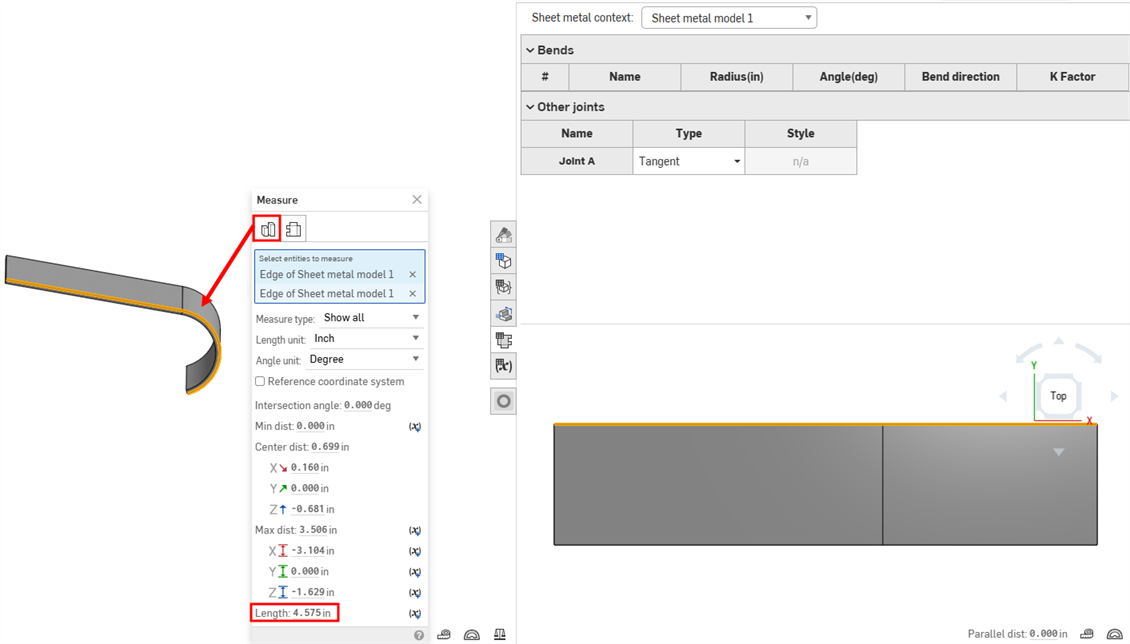 Measure tool for a sheet metal model in a Part Studio.