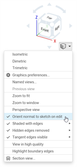 Orient normal to sketch on edit selected in the Camera and render options menu