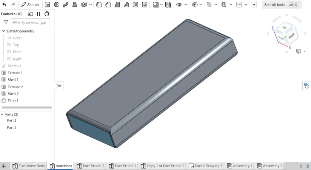 Screenshot of Onshape user interface Part Studio