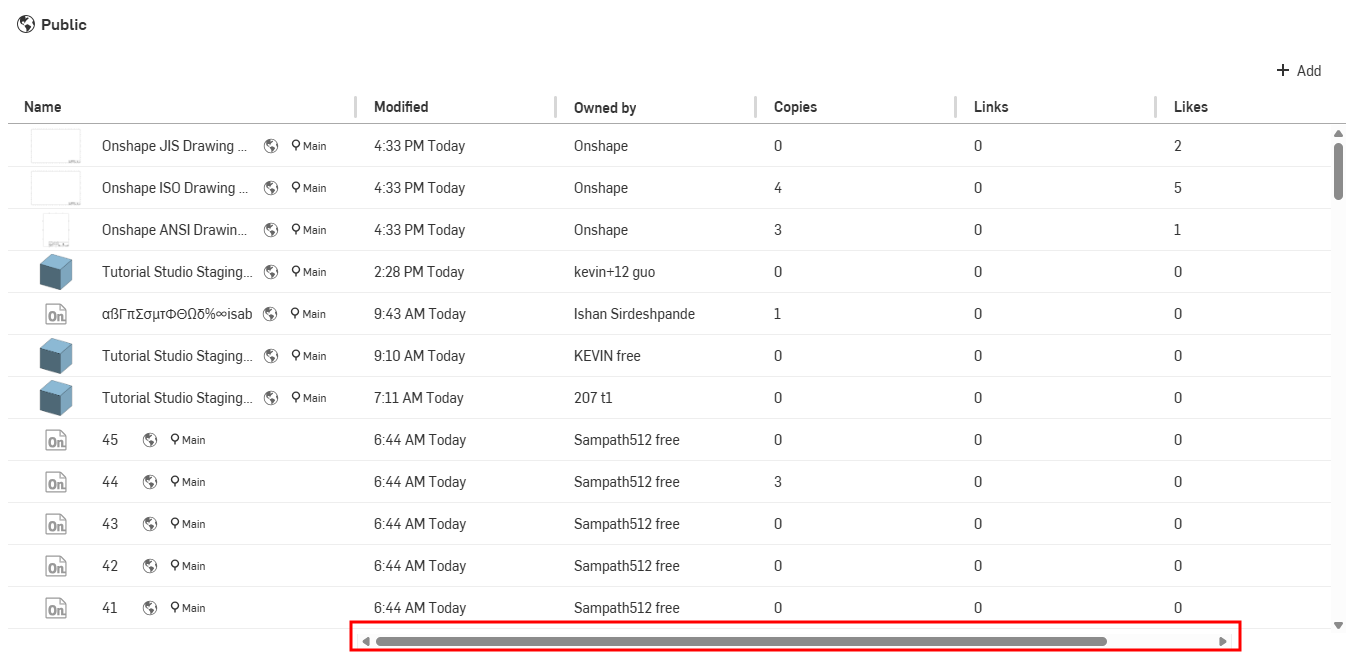 Additional columns displayed using the horizontal scroll bar