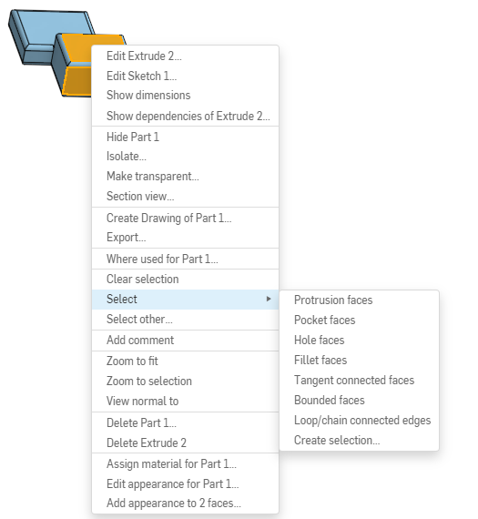 Accessing Create selection from the part context menu