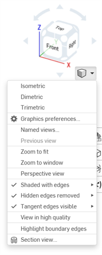 Screenshot of the View cube context menu open in the graphics area
