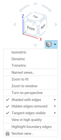 Screenshot of the View cube context menu open in the graphics area