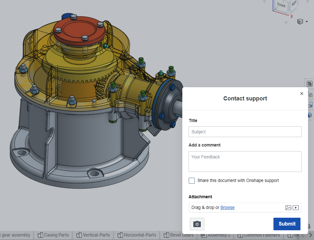 Contact us dialog in Onshape