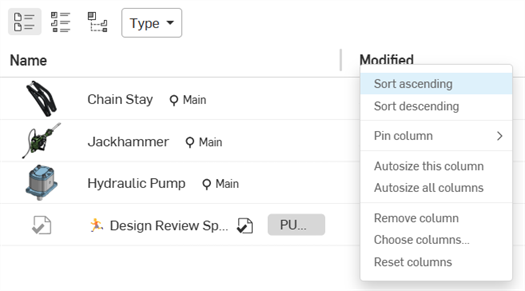 List view table header context menu