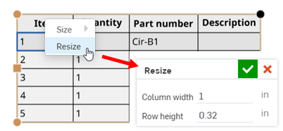 Resizing a BOM table cell