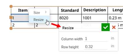 Resizing a Cut list table cell