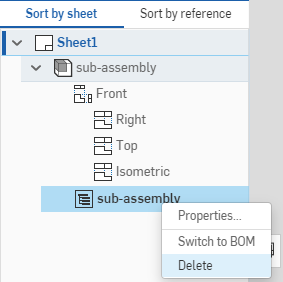 Example of right-clicking to access the BOM table context menu and selecting Delete to delete it