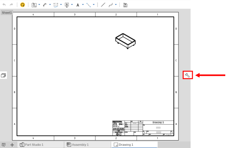 Example of location of drawing properties panel icon in a drawing