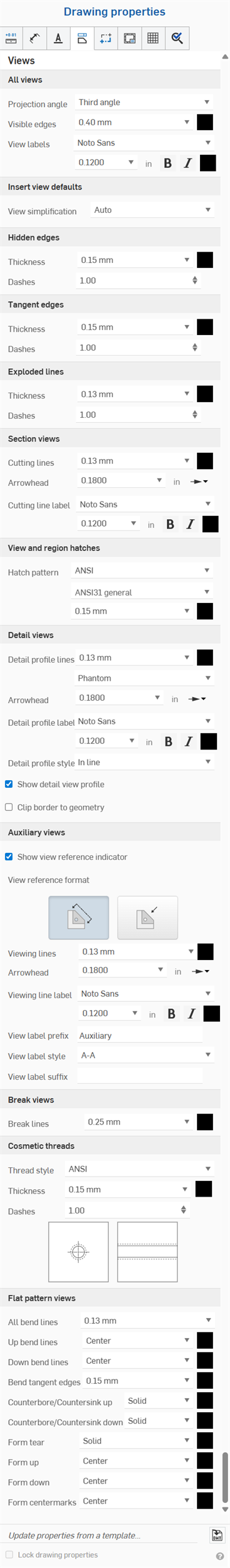 Drawing properties panel, View tab