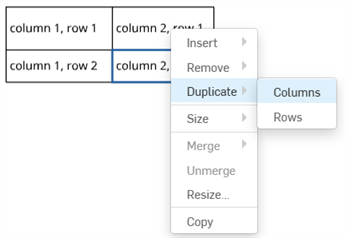 RMB a selected table cell to select the Duplicate Rows or Columns options.
