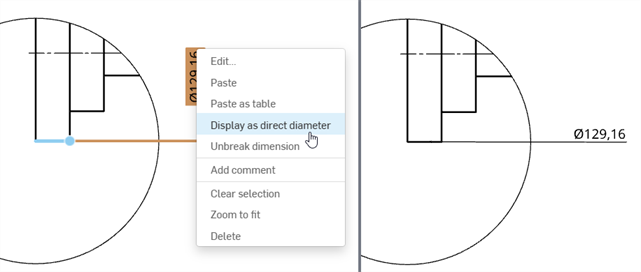 Switching to display as direct diameter
