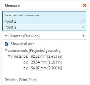 Example of enabling Show dual units in the Measure dialog