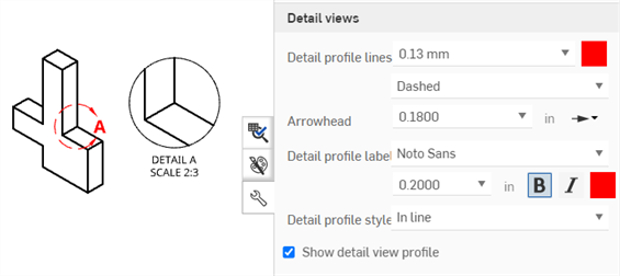 Example of changes in detail circle line and label