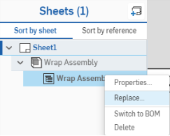 Right-clicking on a BOM table to access the context menu and selecting Replace
