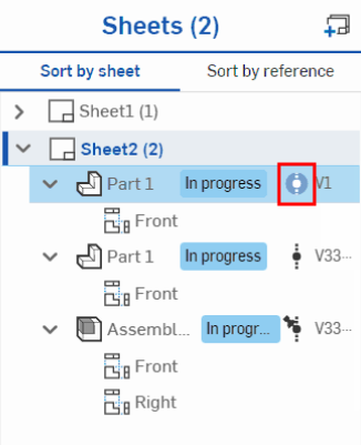 Sheets panel with reference icons