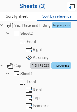 Sheets panel, Sort by reference tab, with references expanded in the tree