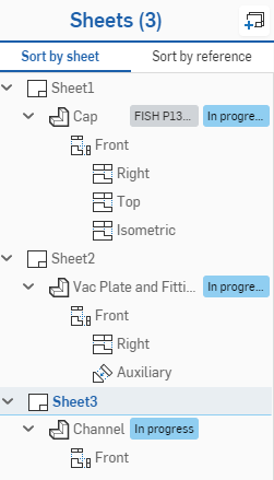 Sheets panel, Sort by sheet tab, with references expanded in the tree