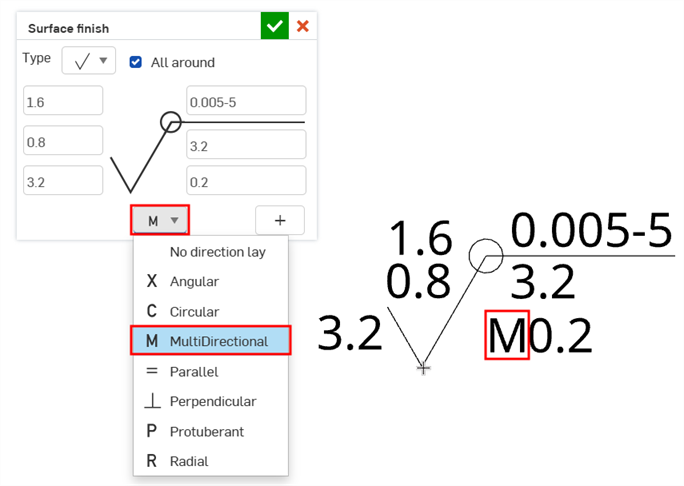 Surface finish dialog with Direction lay menu expanded