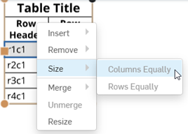 Table context menu with Columns Equally and Size highlighted
