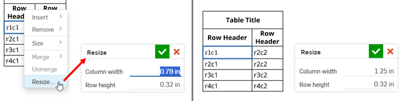 Example of resizing a cell's Column width and Row height