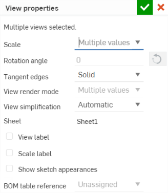View properties dialog with multiple values selected