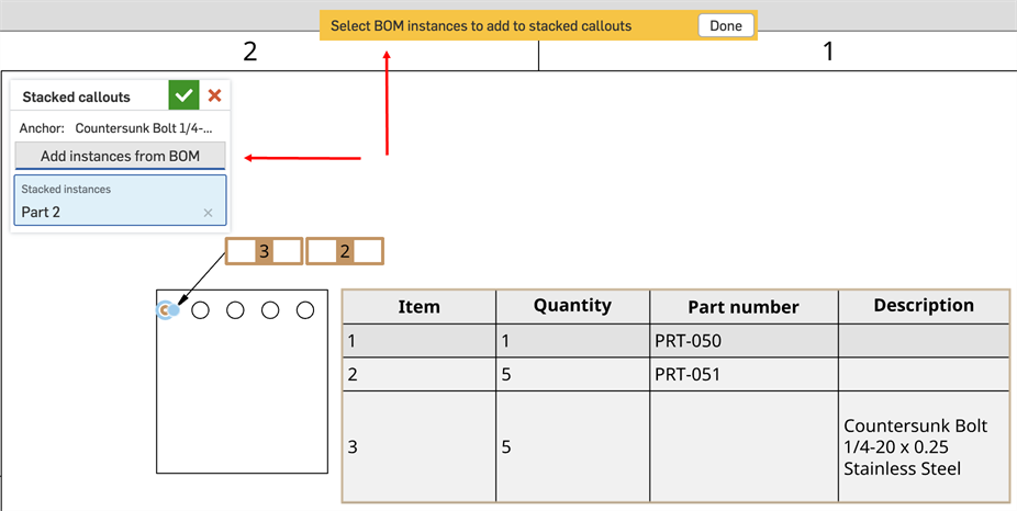 Drawing with open Stacked callouts dialog. Arrows point to the Add instances from BOM button in the dialog and the Select BOM instances banner.