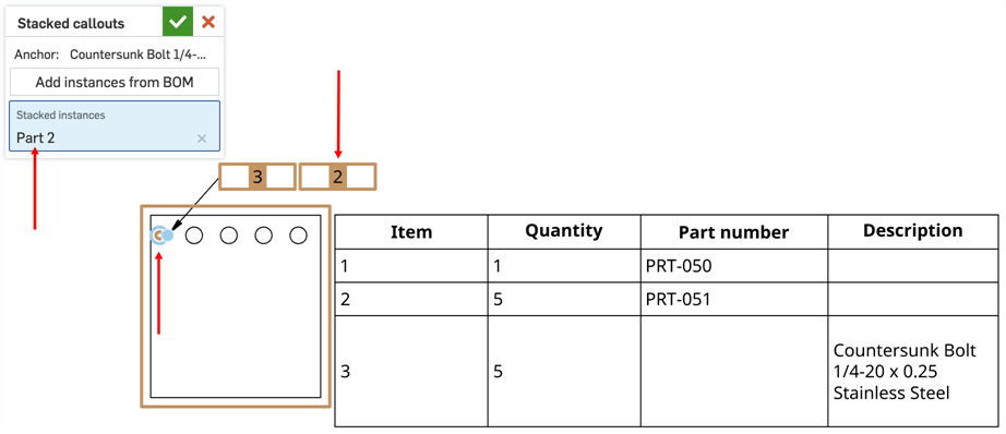 Drawing with Stacked callouts dialog open. Arrows point to the clicked instance in the drawing, the instance in the dialog list, and the stacked callout.