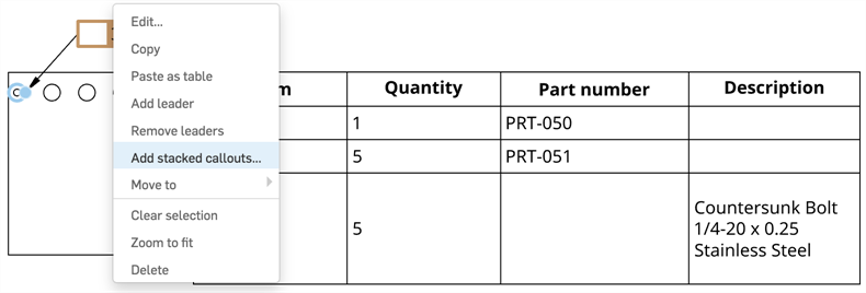 RMB on a callout with a BOM property. Add stacked callouts is selected in the menu.