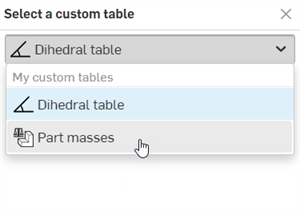 Select a custom table dialog