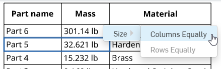 Table context menu with Columns Equally and Size highlighted