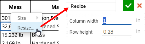 Example of resizing a cell's Column width and Row height