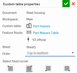 Custom table properties dialog